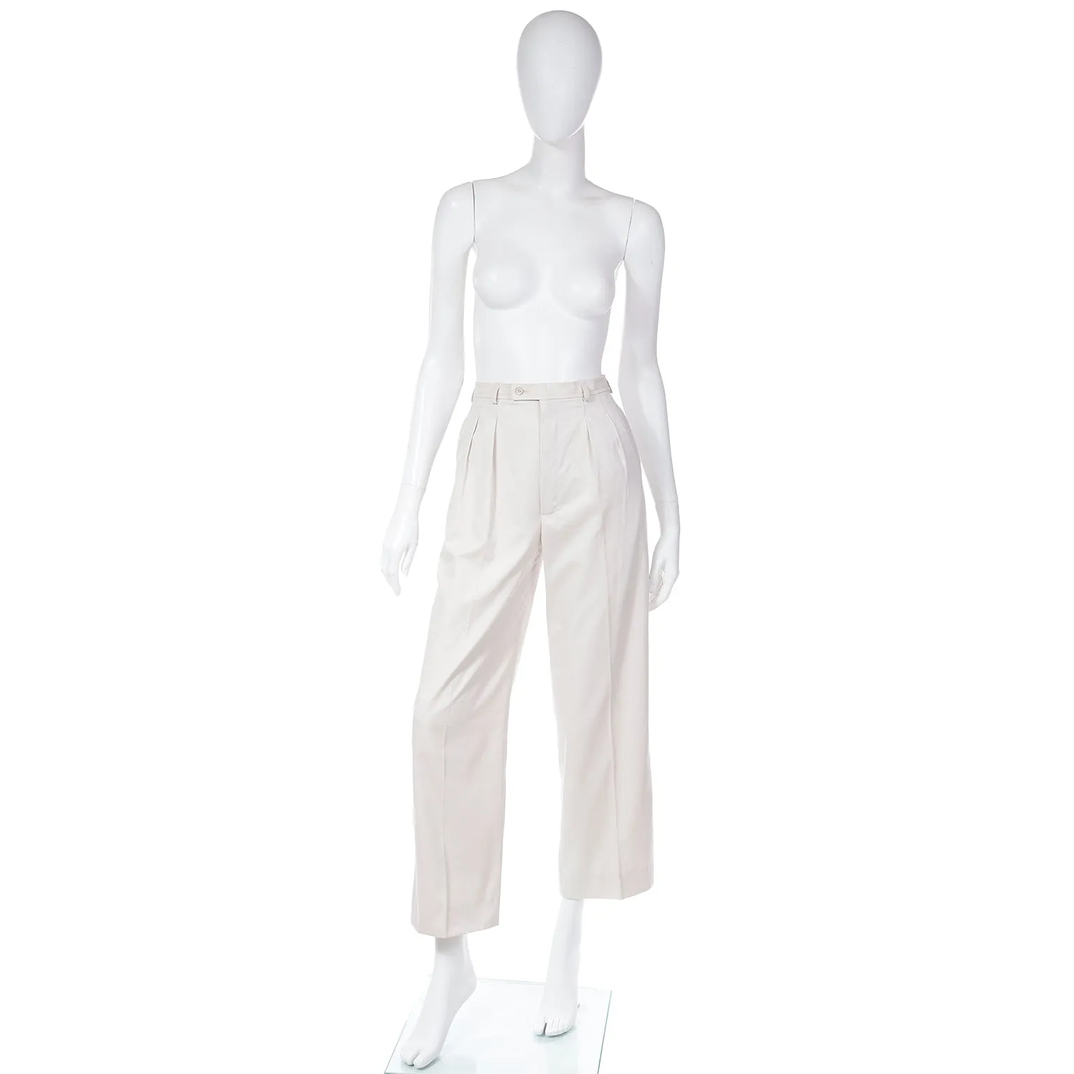 1980s Yves Saint laurent High Waist Pleated Neutral Cotton Trousers