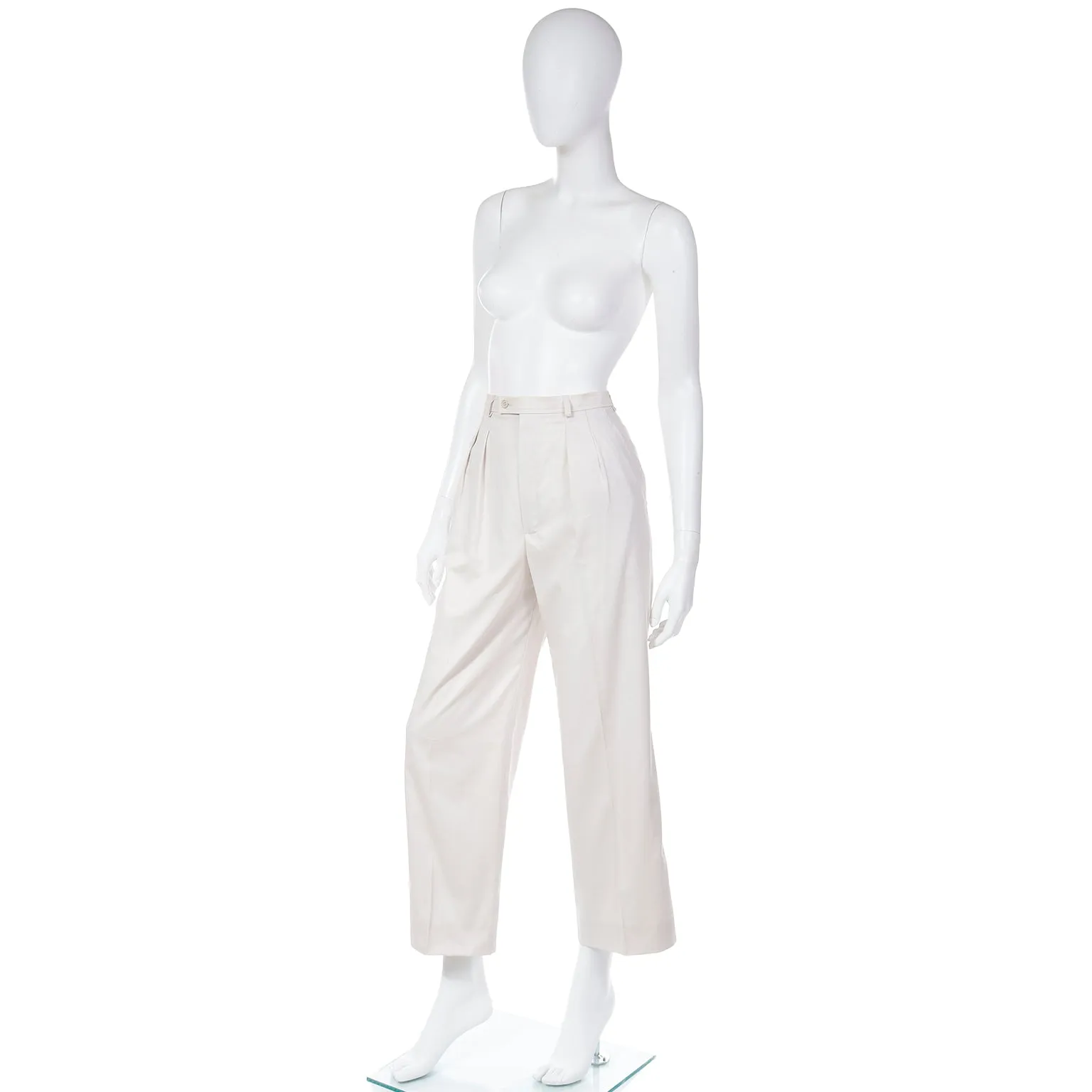 1980s Yves Saint laurent High Waist Pleated Neutral Cotton Trousers