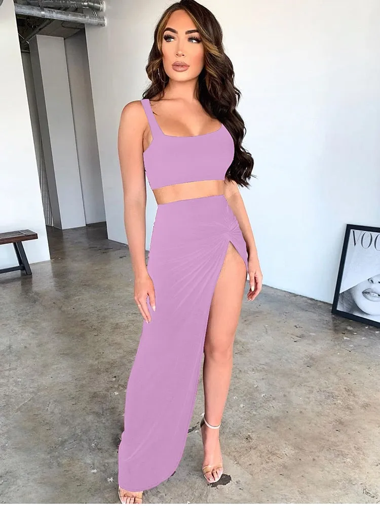 2 Piece Set with  high Split Maxi Skirt - multiple colours