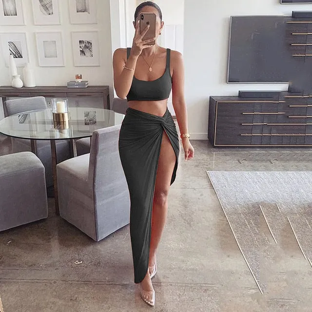 2 Piece Set with  high Split Maxi Skirt - multiple colours