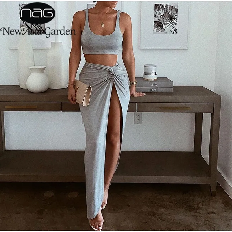 2 Piece Set with  high Split Maxi Skirt - multiple colours