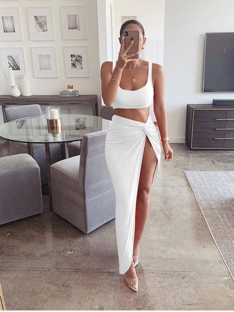 2 Piece Set with  high Split Maxi Skirt - multiple colours