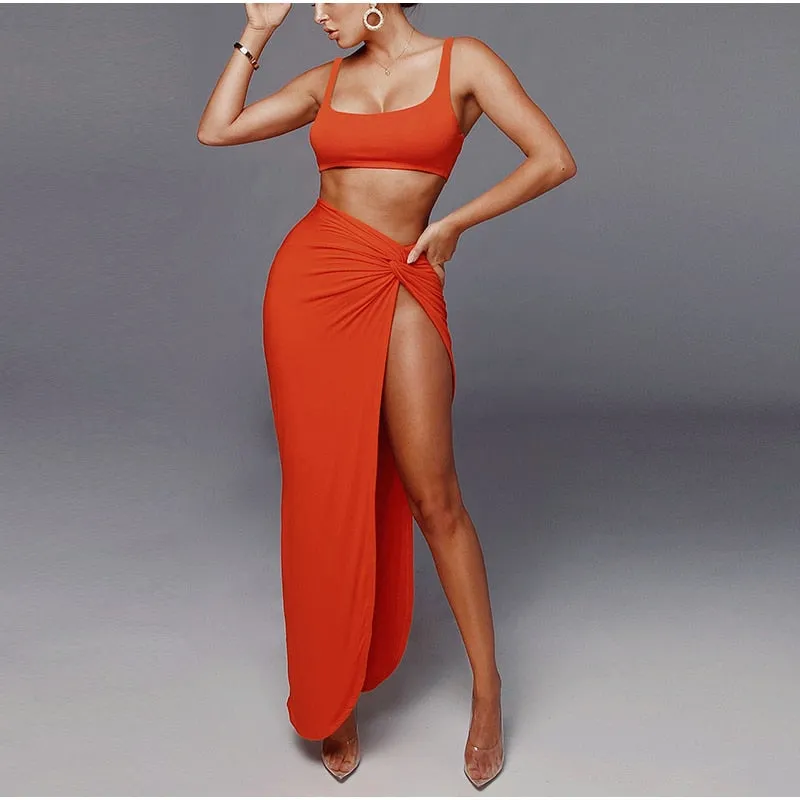2 Piece Set with  high Split Maxi Skirt - multiple colours