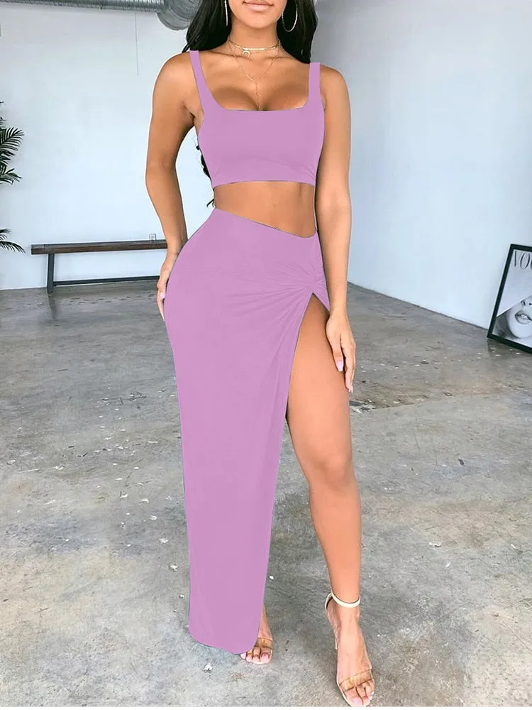 2 Piece Set with  high Split Maxi Skirt - multiple colours