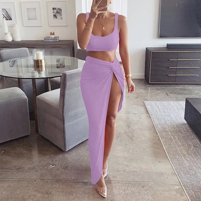 2 Piece Set with  high Split Maxi Skirt - multiple colours
