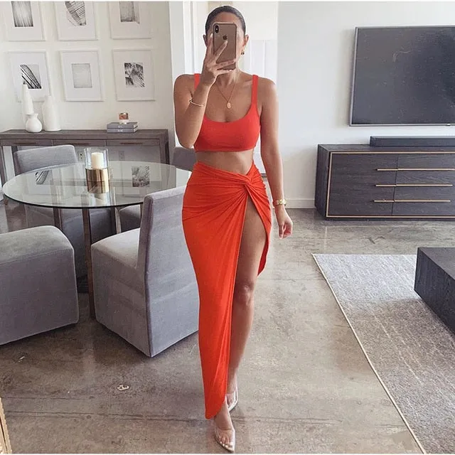 2 Piece Set with  high Split Maxi Skirt - multiple colours