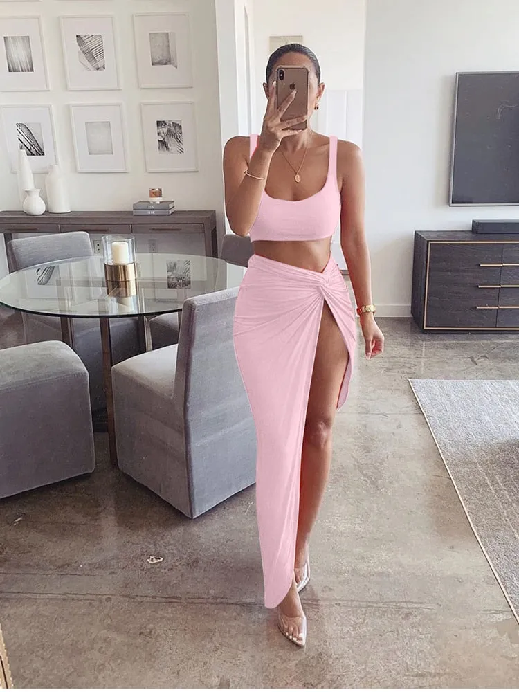 2 Piece Set with  high Split Maxi Skirt - multiple colours