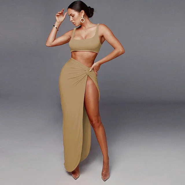 2 Piece Set with  high Split Maxi Skirt - multiple colours