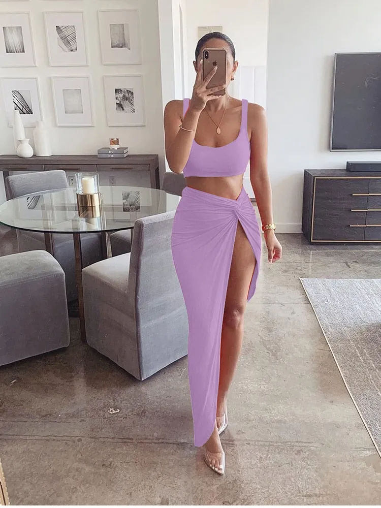 2 Piece Set with  high Split Maxi Skirt - multiple colours