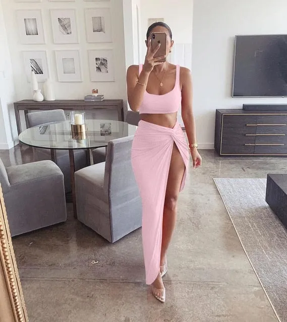 2 Piece Set with  high Split Maxi Skirt - multiple colours