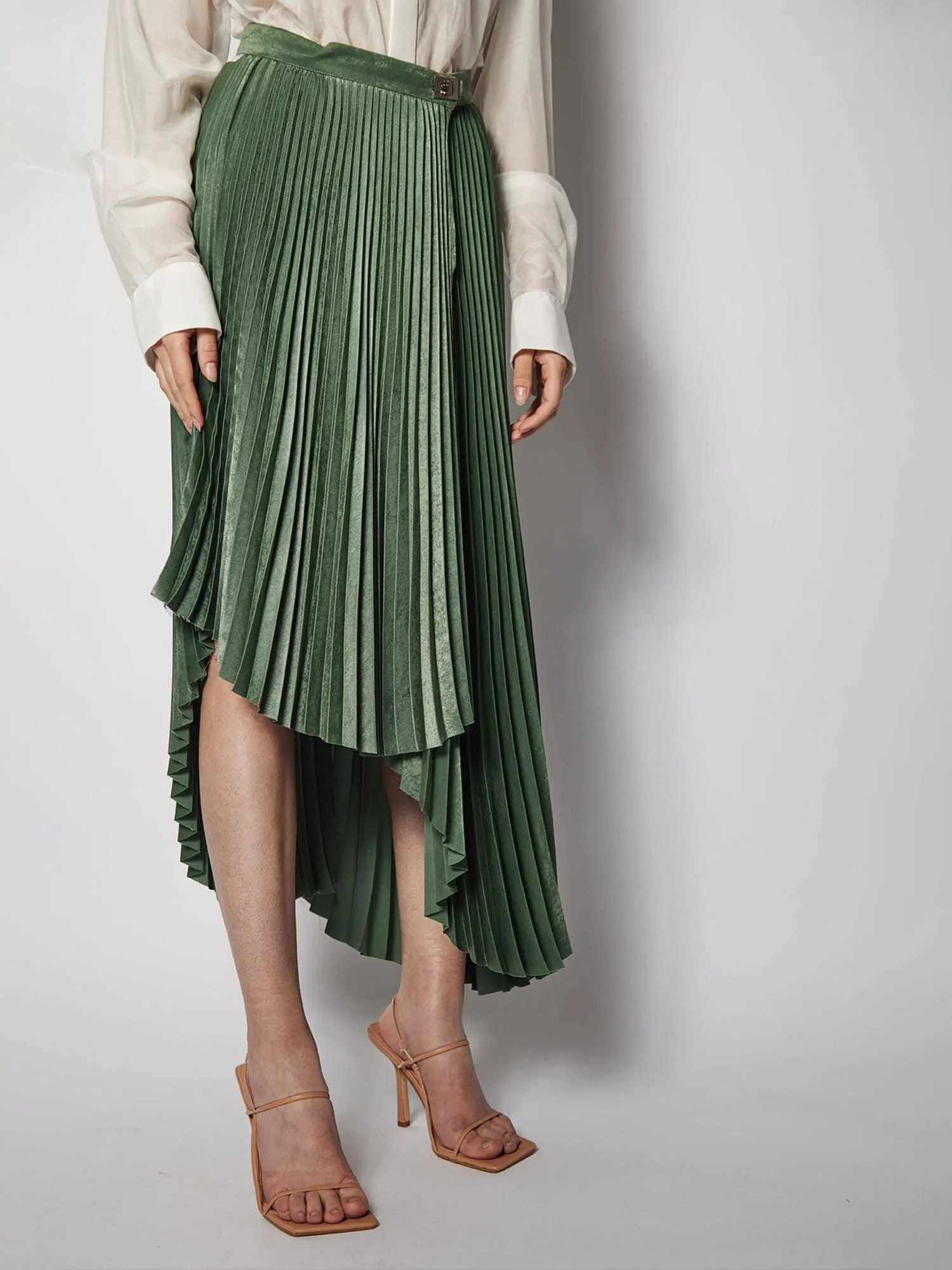 Asymmetrical Pleated Satin Skirt