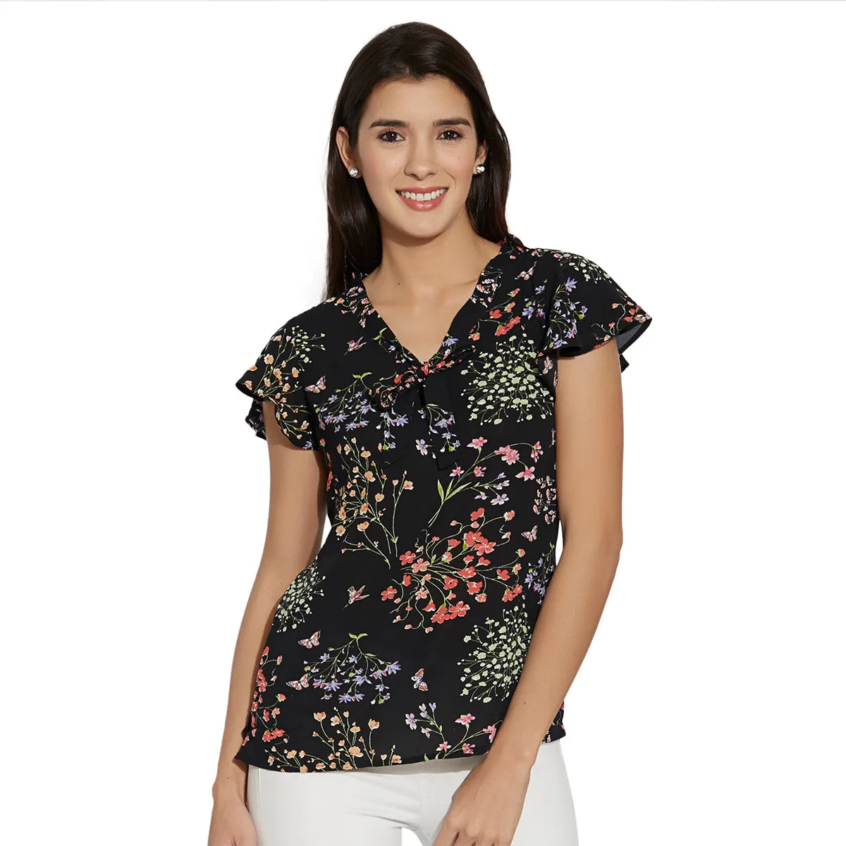 Black Printed With Front Tie Up Neck Top
