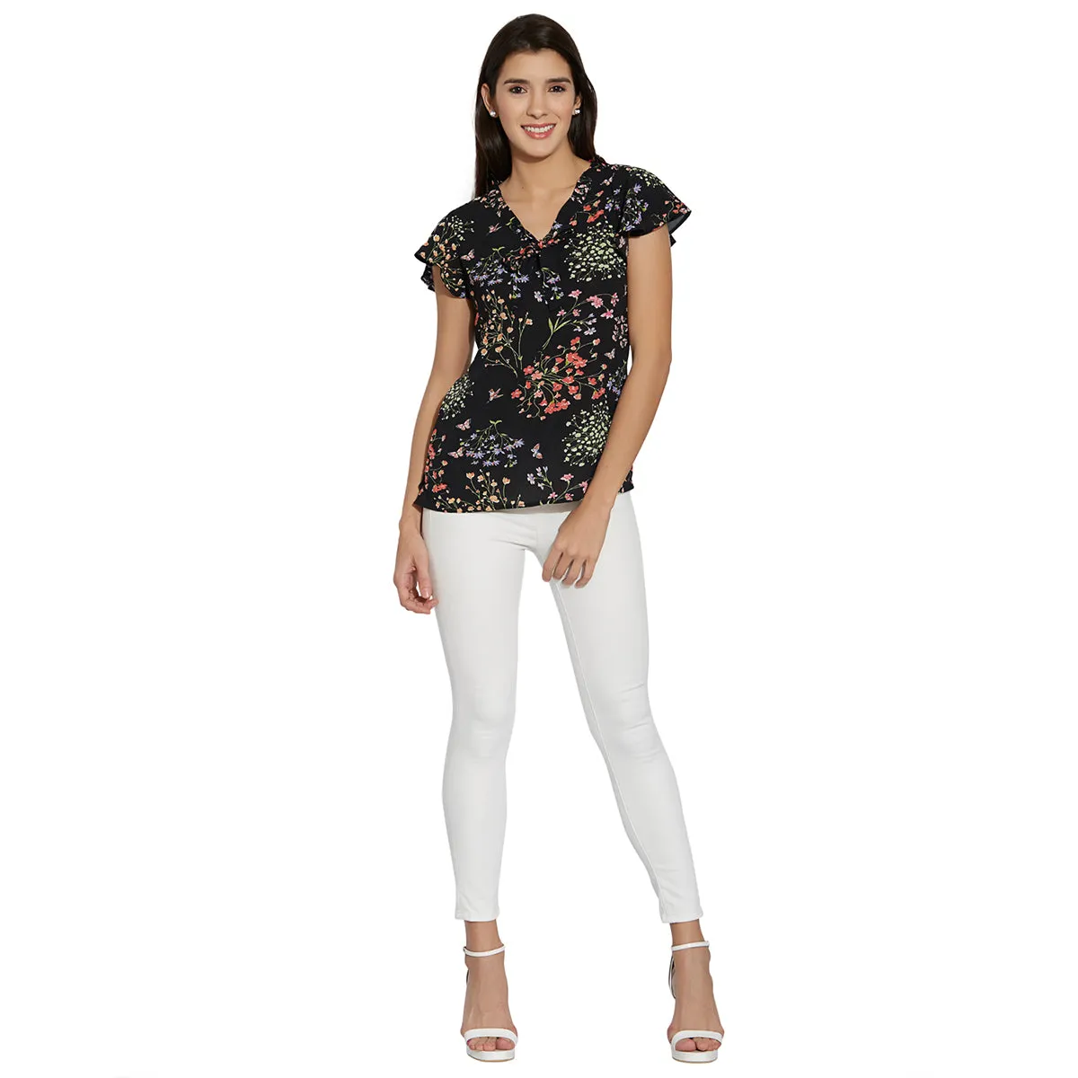 Black Printed With Front Tie Up Neck Top