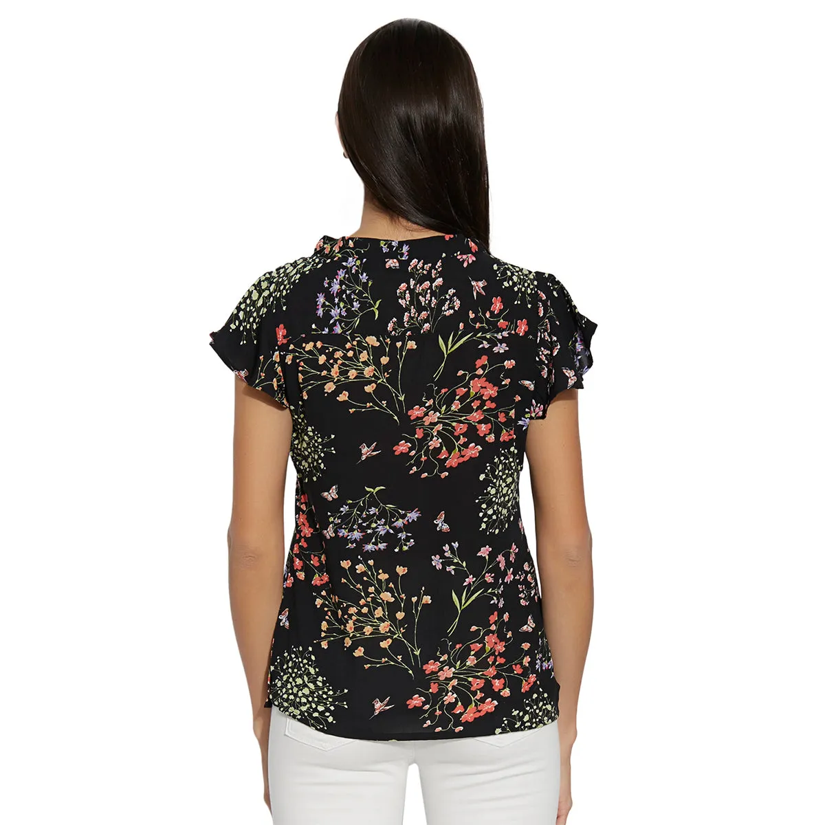 Black Printed With Front Tie Up Neck Top