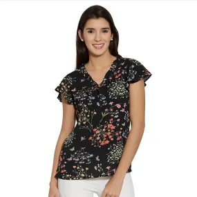 Black Printed With Front Tie Up Neck Top