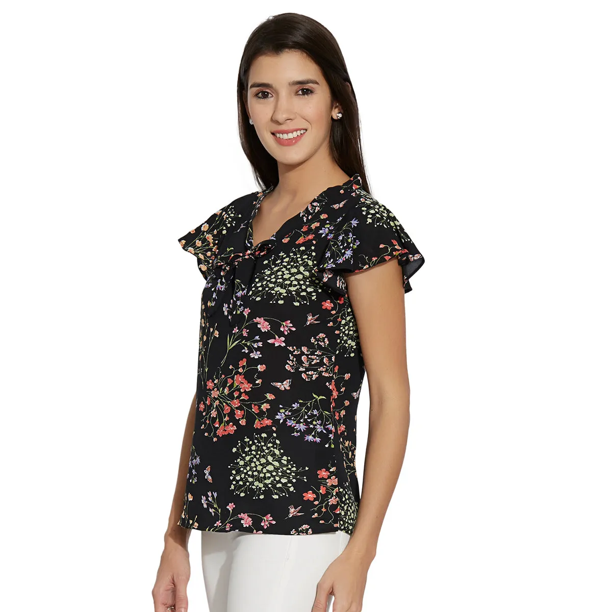 Black Printed With Front Tie Up Neck Top