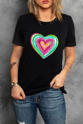 Bright Heart Round Neck Short Sleeve T-Shirt