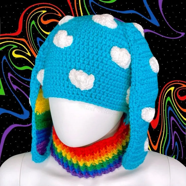 Bright Rainbow Cloud Bunny Balaclava (Turquoise)