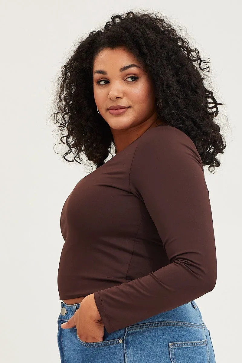 Brown Long Sleeve Double Layer Scoop Top