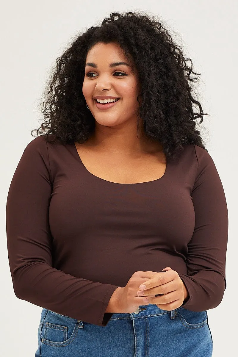 Brown Long Sleeve Double Layer Scoop Top