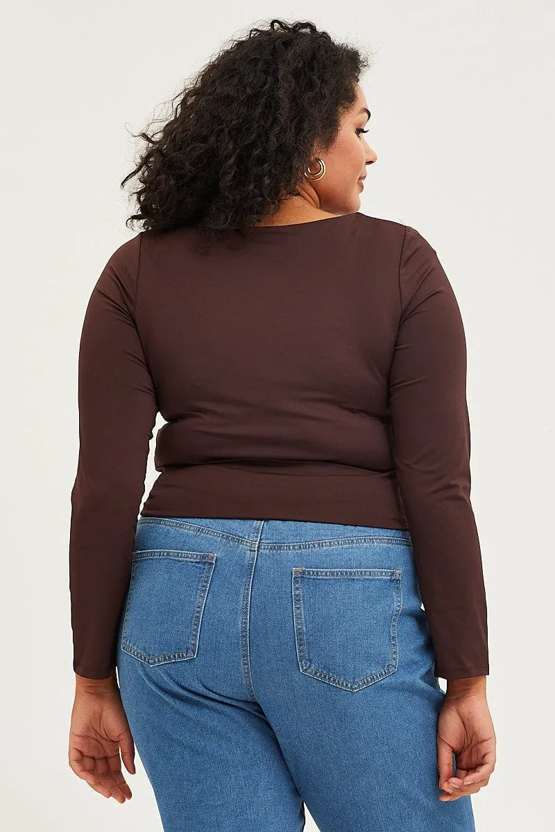 Brown Long Sleeve Double Layer Scoop Top