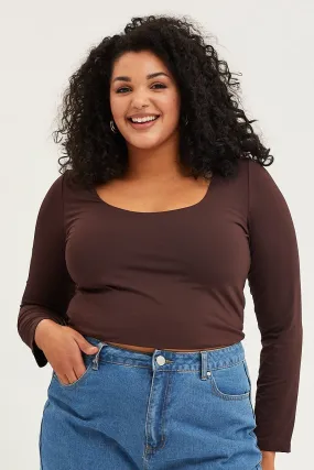 Brown Long Sleeve Double Layer Scoop Top