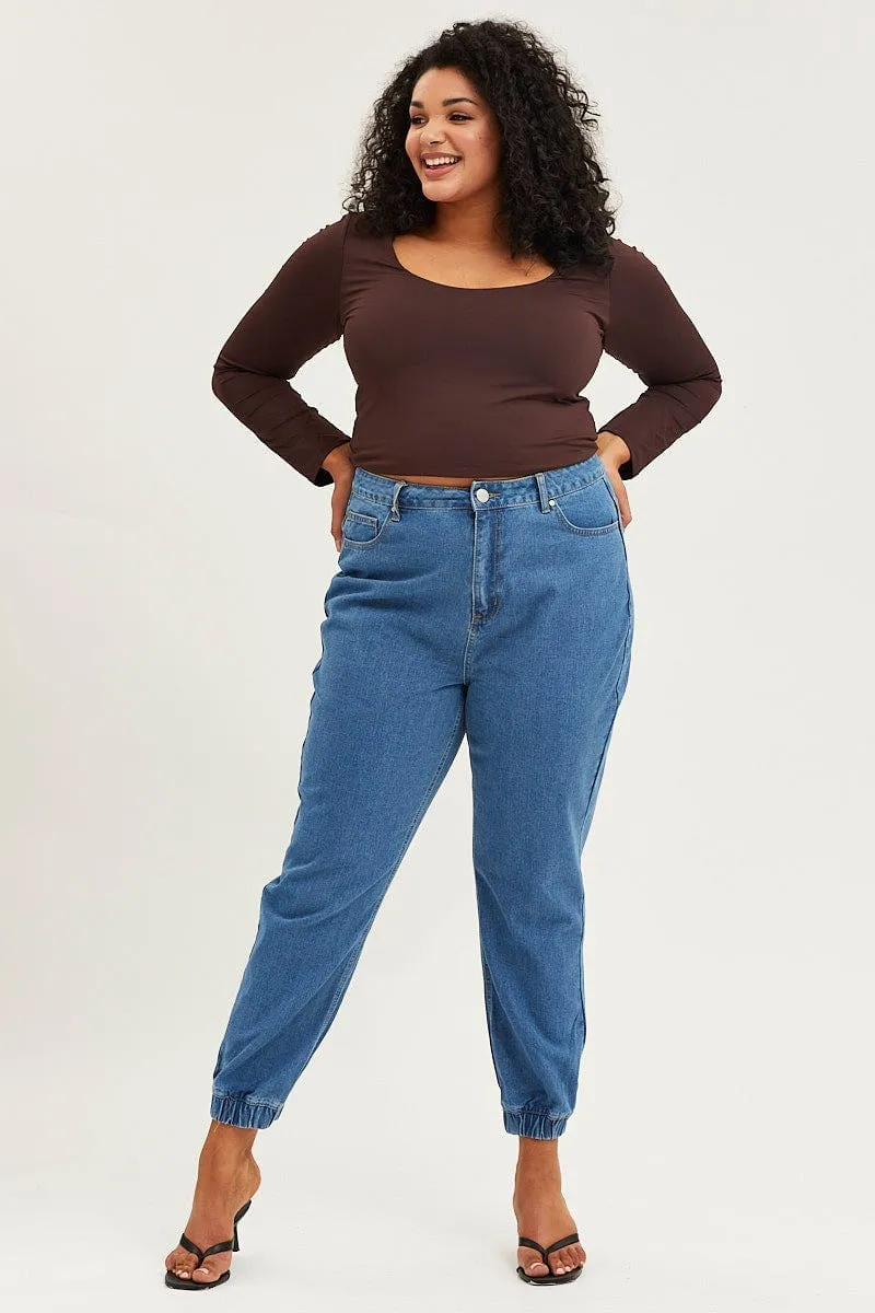 Brown Long Sleeve Double Layer Scoop Top