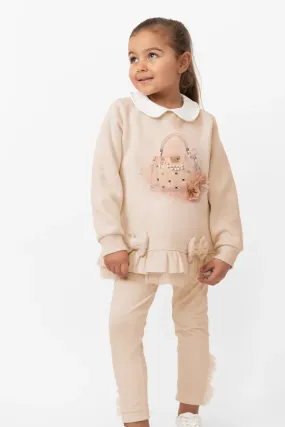 Caramelo Kids - 2 piece legging set, handbag design, beige
