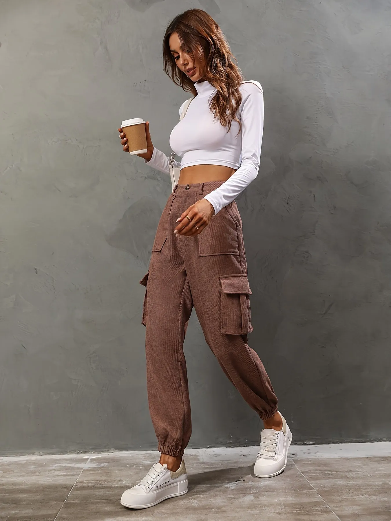 Casual Solid High Waist Pants With Pockets, Casual Every Day Pants
