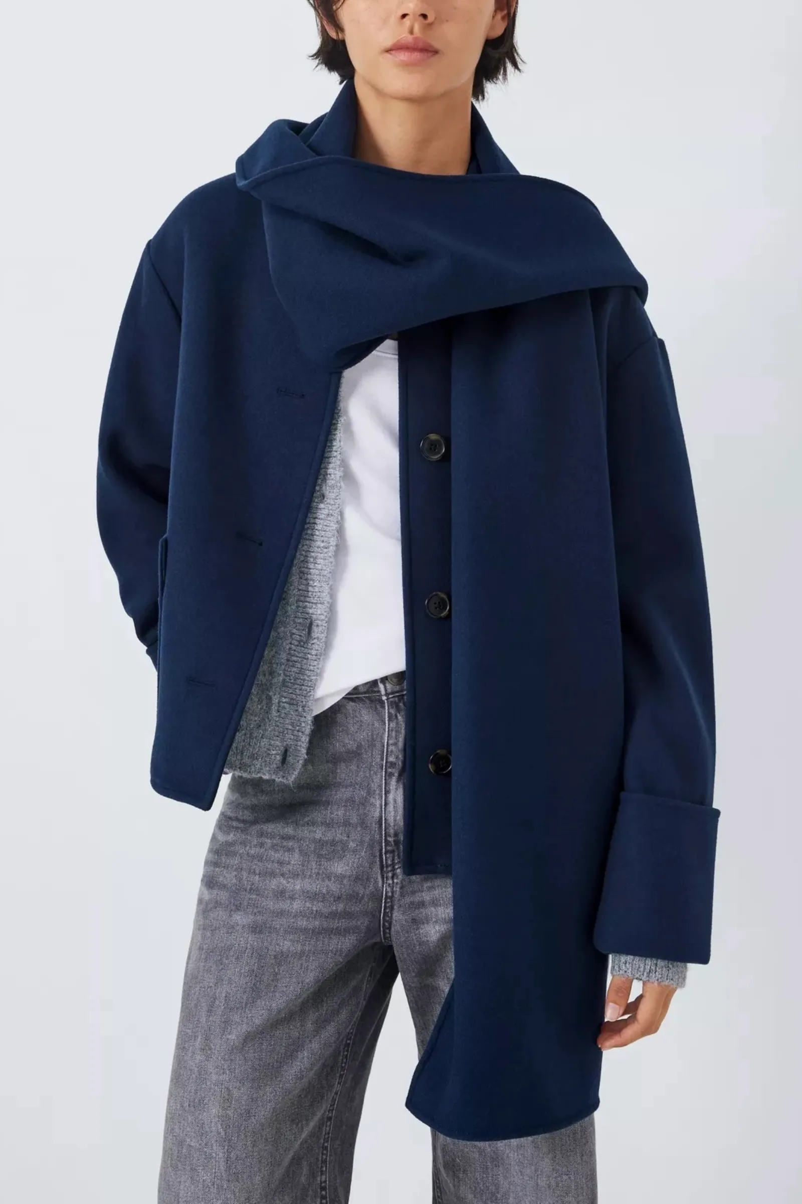 Crop Scarf Coat, Navy