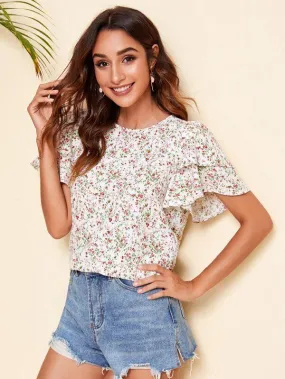 Ditsy Floral Print Layered Flutter Sleeve Top