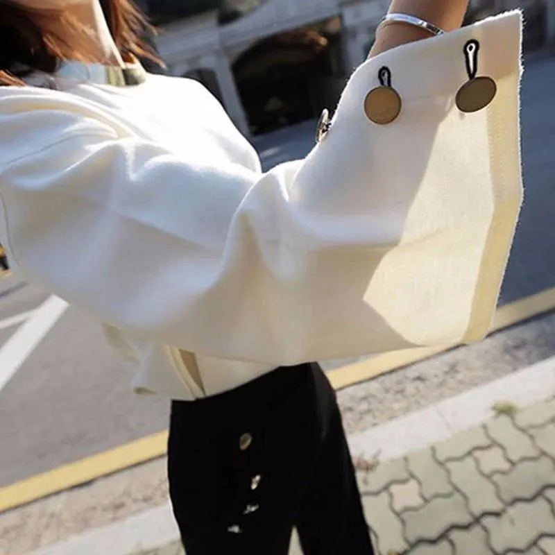 Flare Sleeve Split O Neck With Necklace White Pullover Blouse