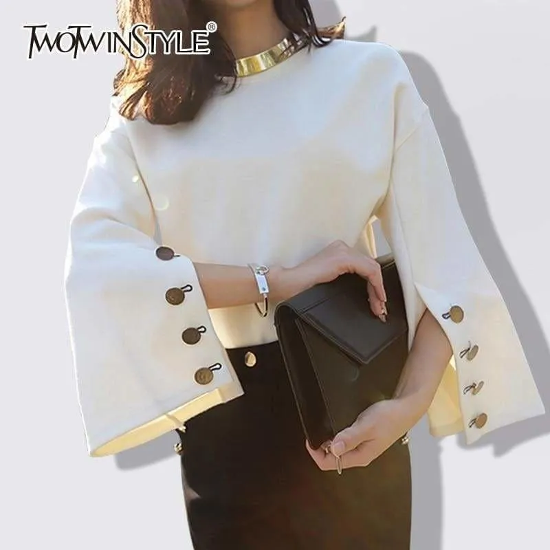 Flare Sleeve Split O Neck With Necklace White Pullover Blouse