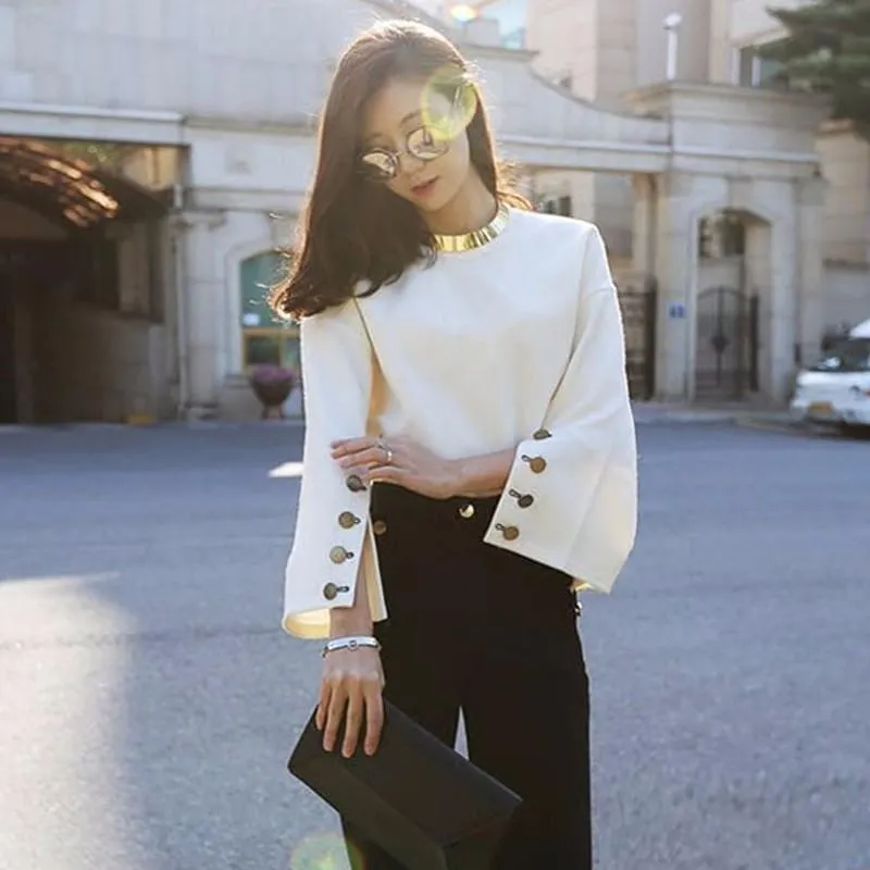 Flare Sleeve Split O Neck With Necklace White Pullover Blouse