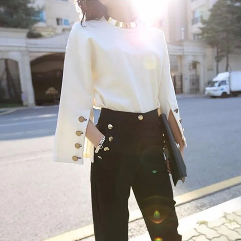 Flare Sleeve Split O Neck With Necklace White Pullover Blouse
