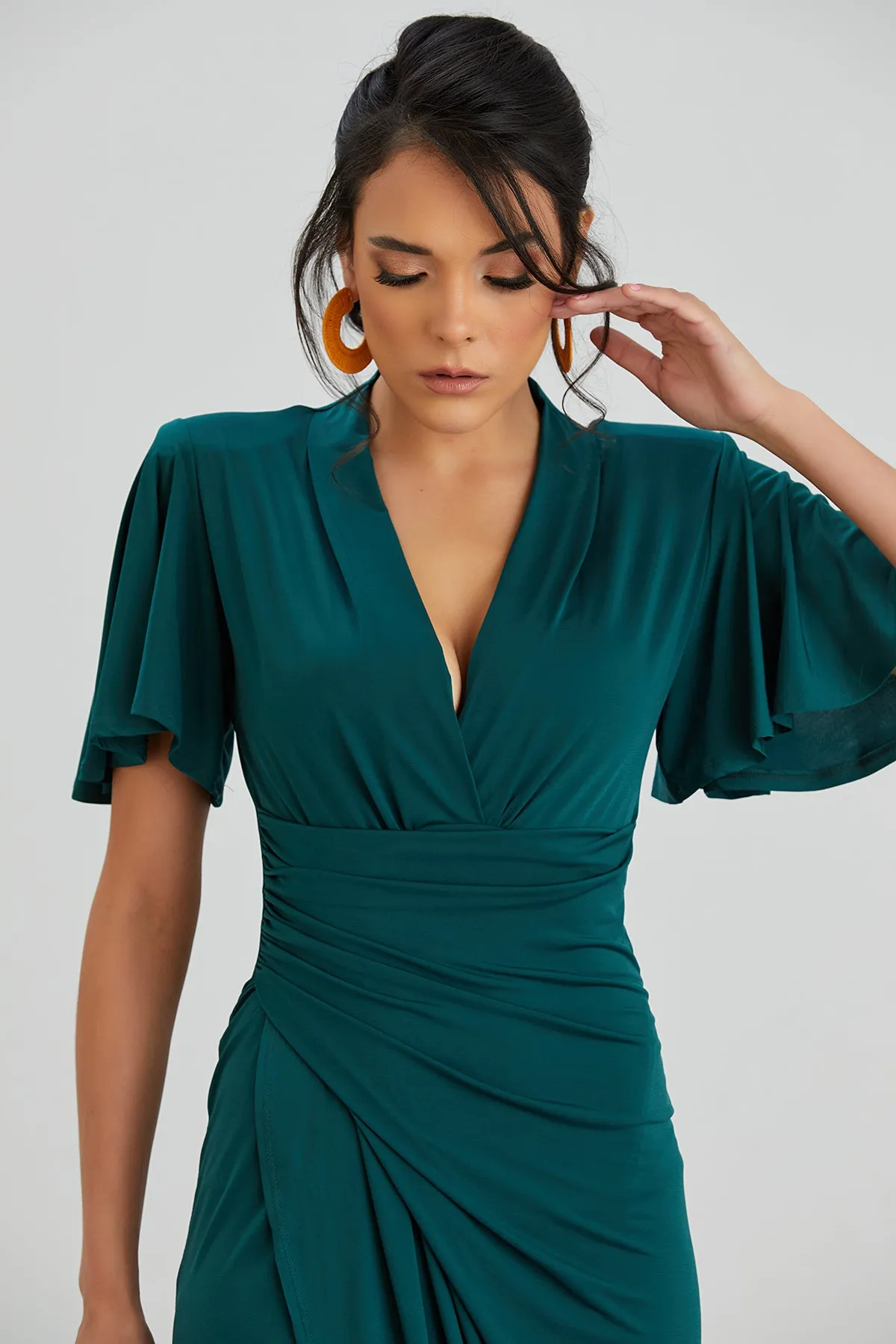 Forever Angel Sleeve Dress in Dark Green