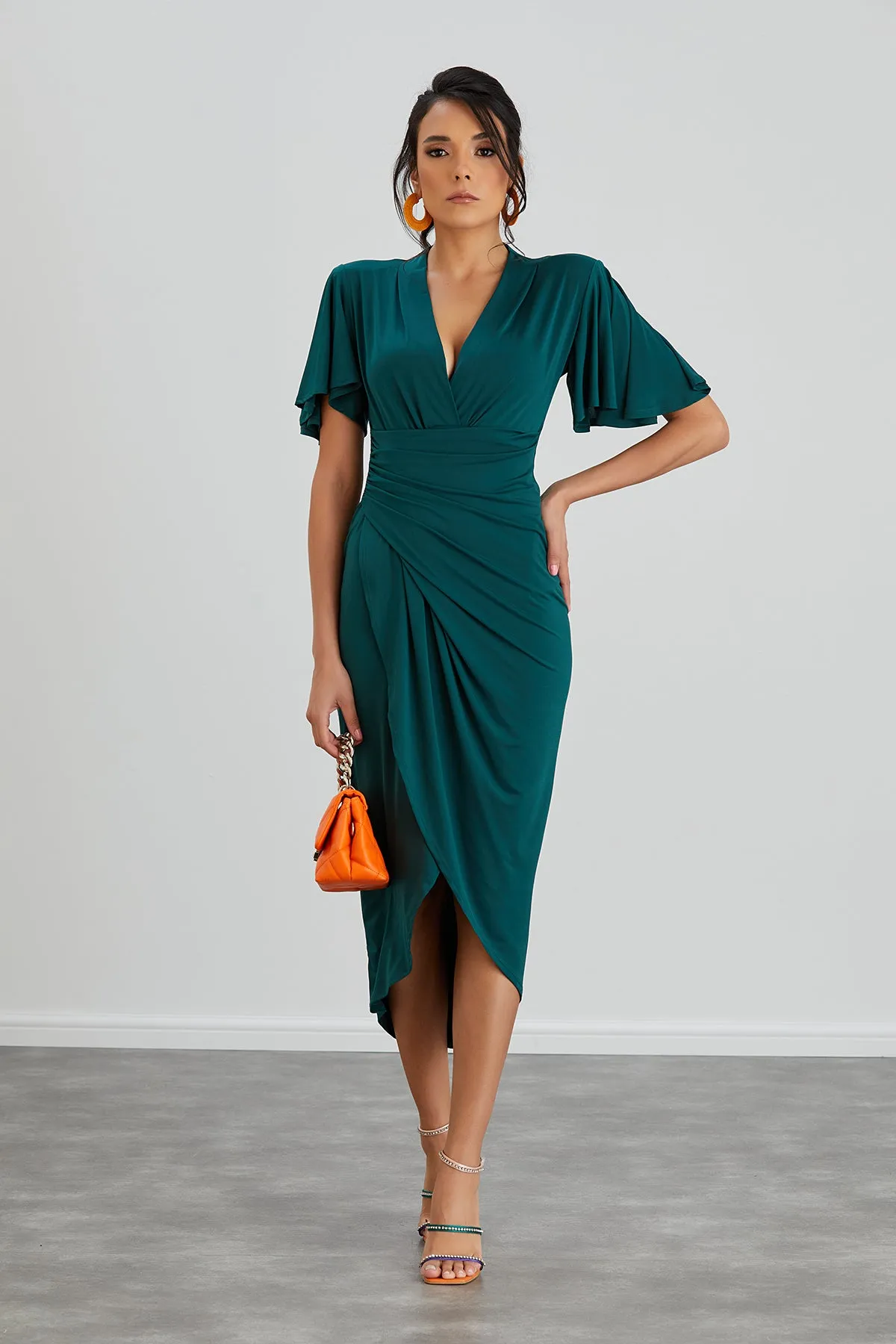 Forever Angel Sleeve Dress in Dark Green