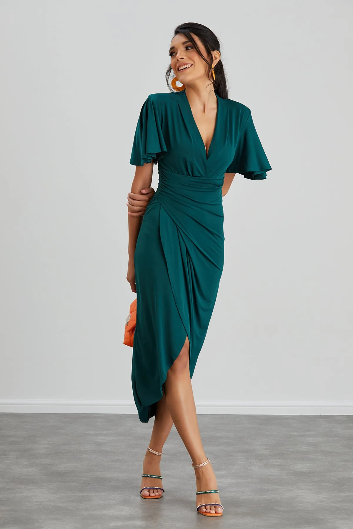 Forever Angel Sleeve Dress in Dark Green