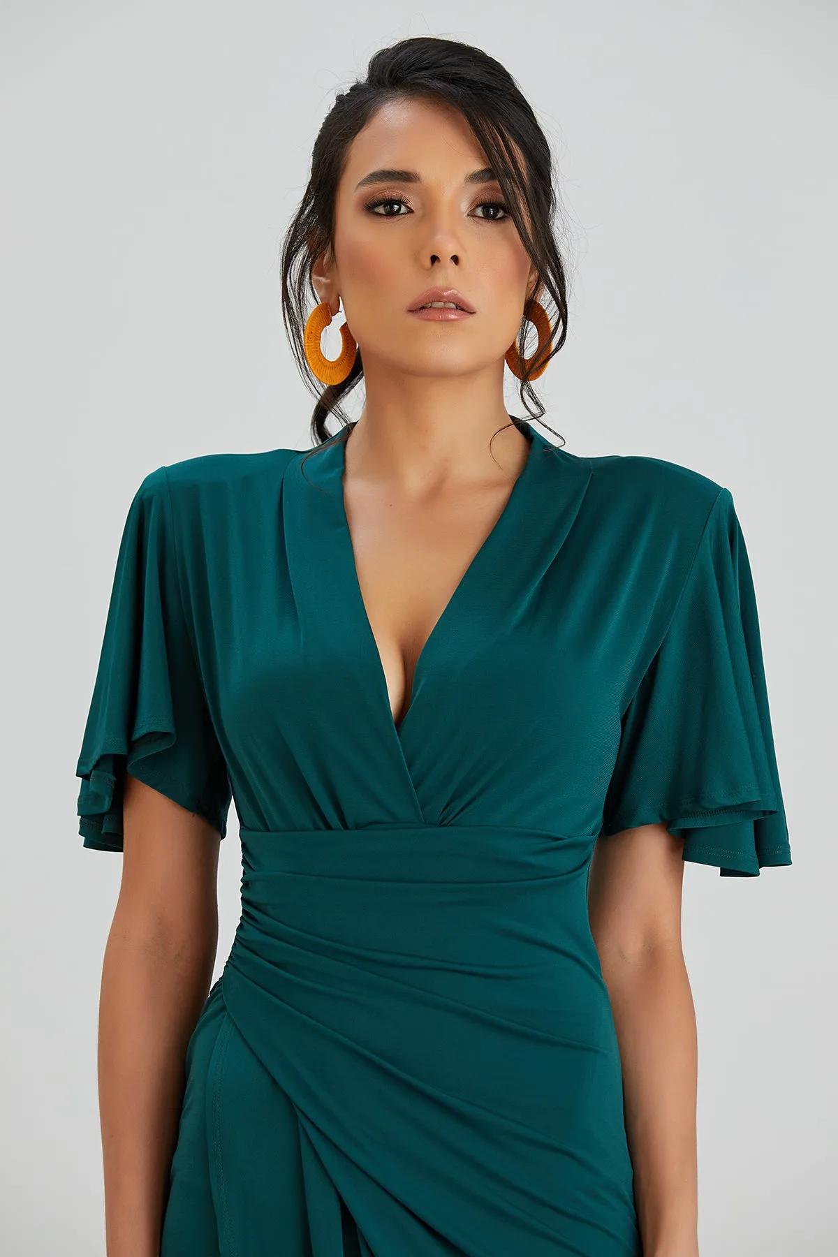 Forever Angel Sleeve Dress in Dark Green