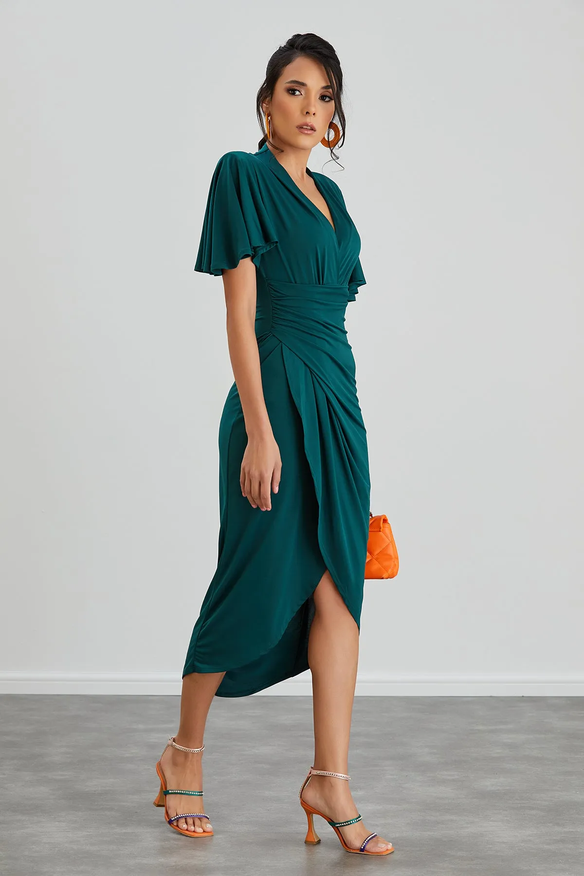 Forever Angel Sleeve Dress in Dark Green