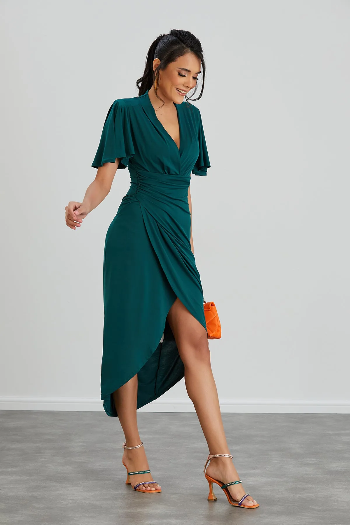 Forever Angel Sleeve Dress in Dark Green