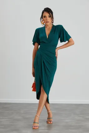 Forever Angel Sleeve Dress in Dark Green