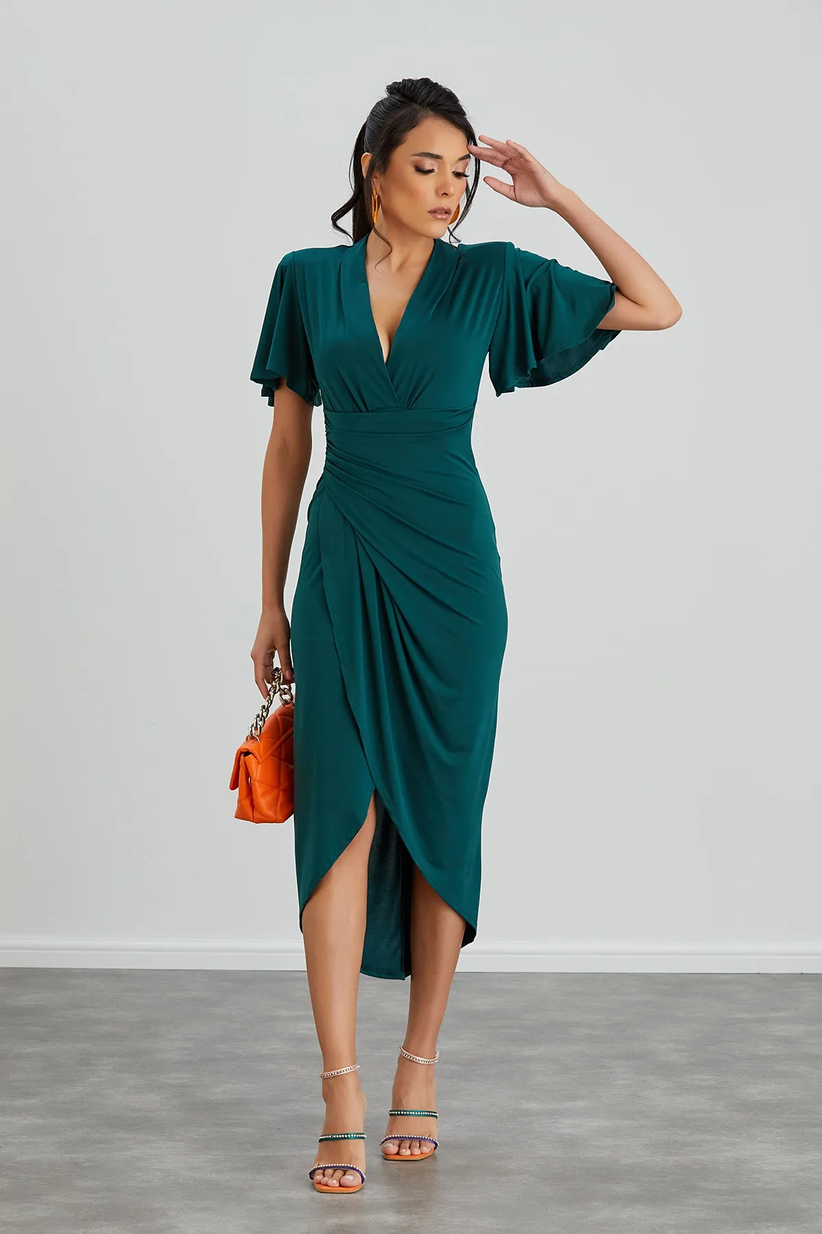 Forever Angel Sleeve Dress in Dark Green