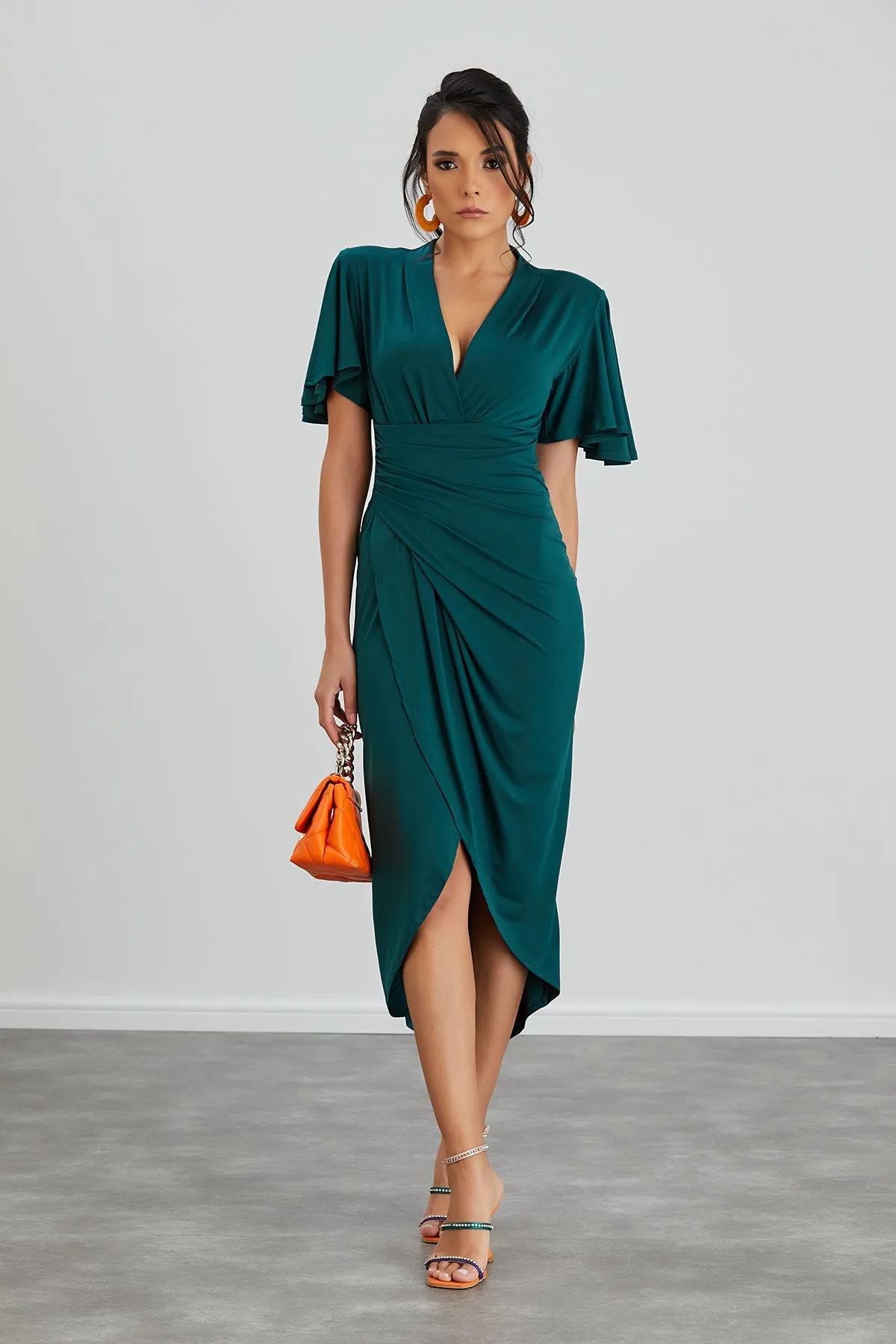 Forever Angel Sleeve Dress in Dark Green