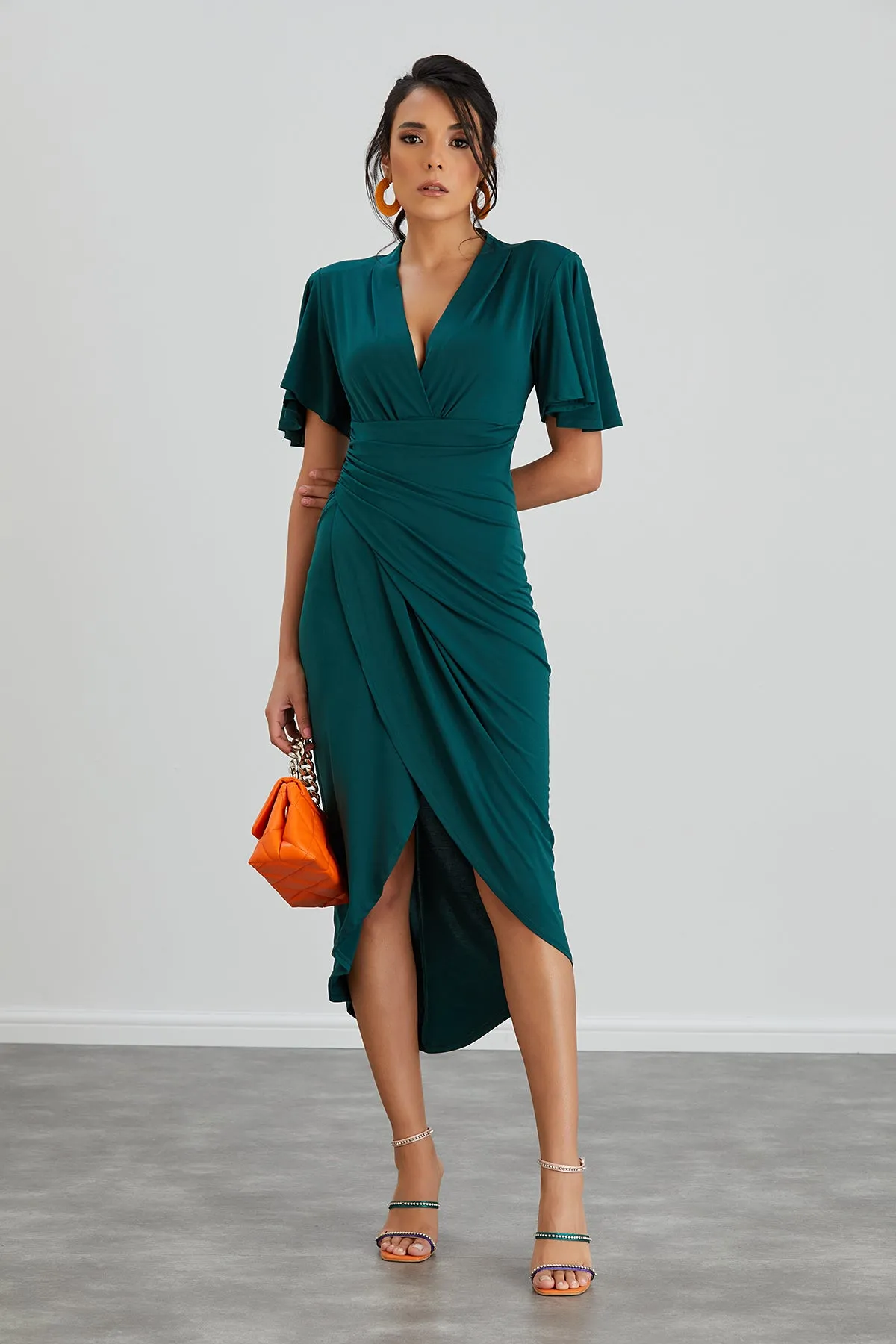Forever Angel Sleeve Dress in Dark Green