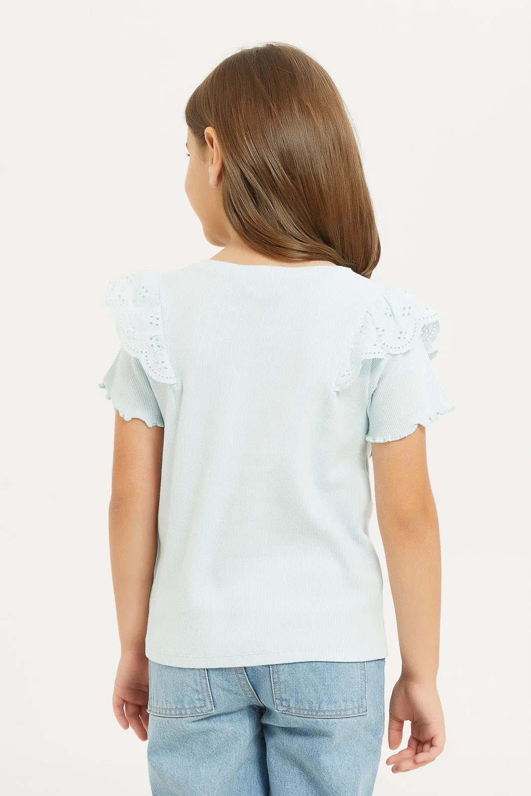 Girls Blue Ruffle Sleeve Embellished T-Shirt