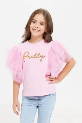 Girls Pink Sequins T-Shirt