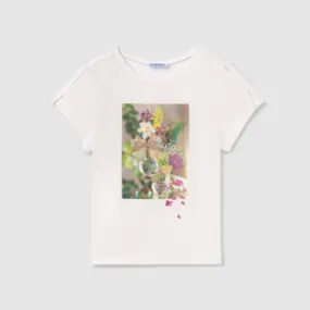 GIRLS WHITE FLORAL PRINTED SHORT SLEEVE T-SHIRT