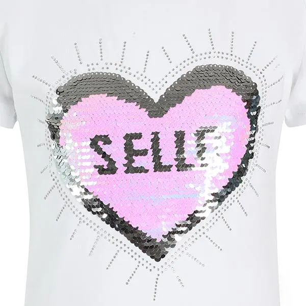 GIRLS WHITE SHORT SLEEVE SEQUIN SELLO T-SHIRT