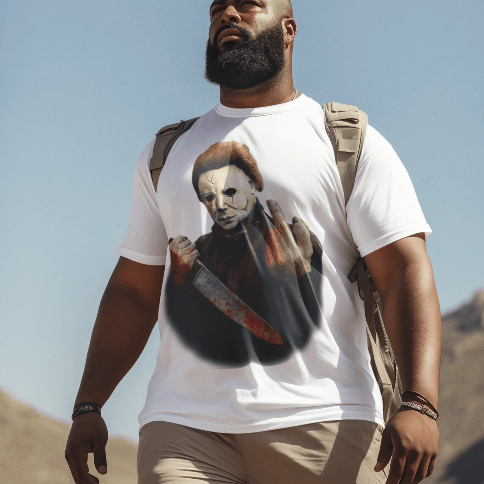 Horror Film T-shirt Mike Myers Giving The Bird Short Sleeve Unisex Crew Neck Top